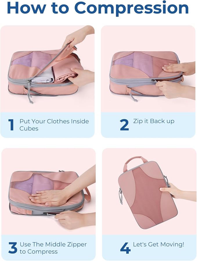 Bagsmart Compression Packing Cubes, Travel Bag Cruise Ship Essentials | Lightweight, Compressible Suitcase Organizer Set fit Standard Carry-On & Checked Luggage, 6 Set, 14 Set Washable Packing Bags