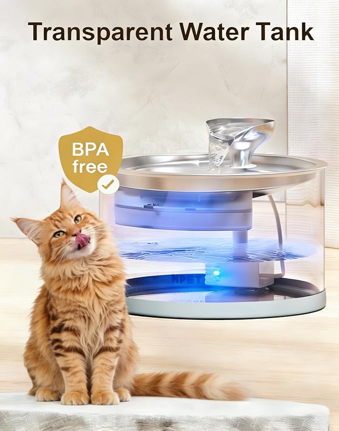 NPET N280 Cat Water Fountain Glass, 95oz/2.8L Automatic Pet Fountain Dog Stainless Steel Tray, Water Dispenser for Cats, Dogs, Multiple Pets (Water Fountain + 5 Filters)