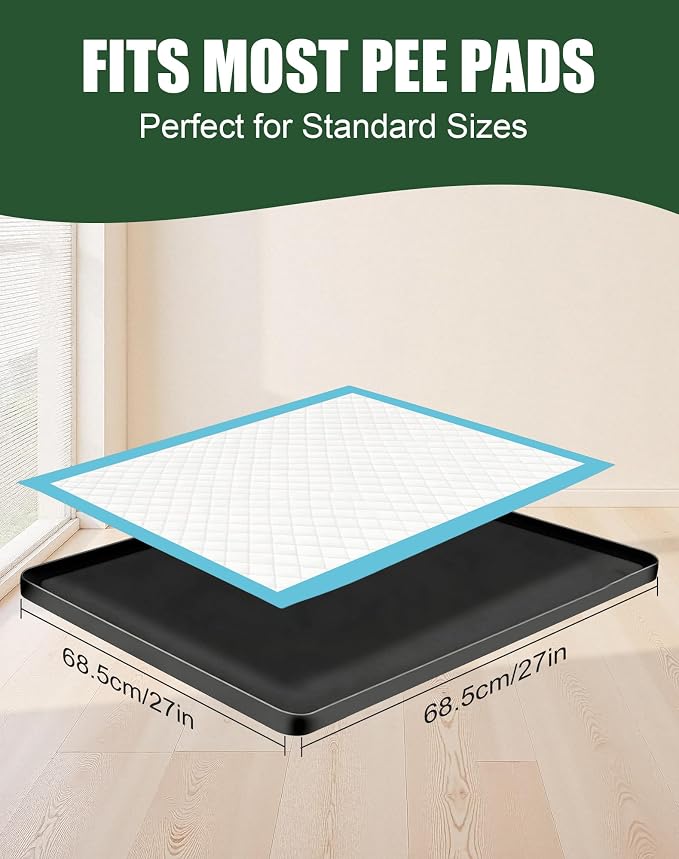 Dog Pee Pad Holder with 6 Clips, 27x27 Inch Silicone Puppy Pad Tray, Raised Edge Leak-Proof No Spill Mat for Dog Training Pads, Non-Slip Potty Holder for Indoor Floor Protection, Black