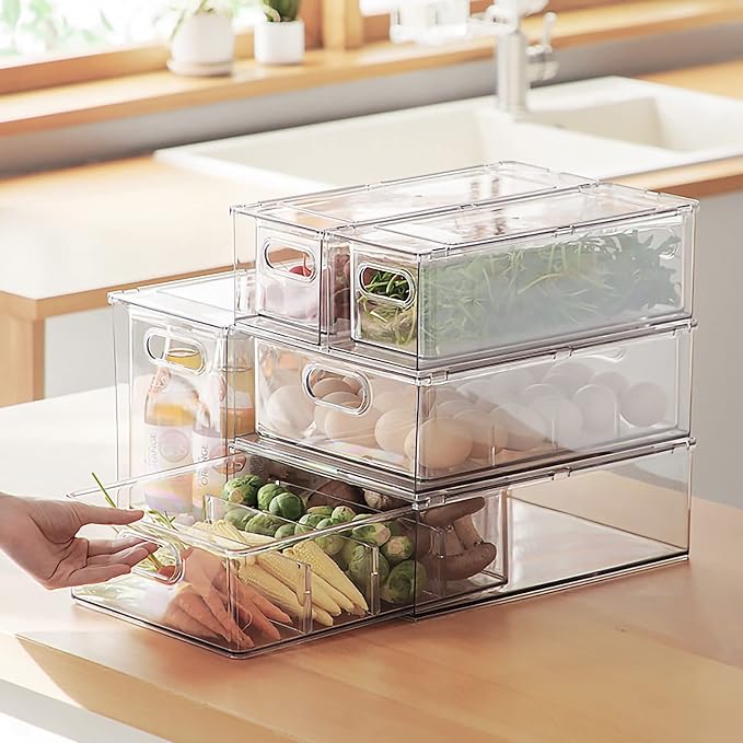 Stackable Fridge Drawer Pull-Out Bins with Handles 3 Pack Large Clear Food Container with Removable Dividers Refrigerator Storage box Divided Produce Saver for Pantry Kitchen