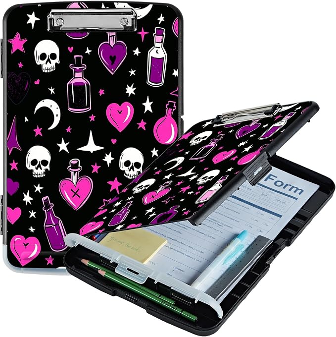 Purple Heart Wishing Bottle Clipboard with Storage Pen Holder, Clipboards Organizer Nursing Clipboard Foldable File Folder Plastic Clipboard Folio Clip Board for Office Students Classroom