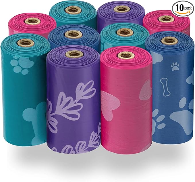 Best Pet Supplies Poop Bags for Dogs - Assorted Colors, 150 Count | Scented, Leak-proof, Easy-Tear perforations, 15 Thick Bags per roll, Outdoor Walking & Travel, Fits Standard Holders