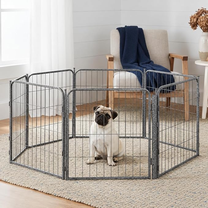 Dog Play Pen for Indoor Use - 40'', 20 Panels for Medium and Large Size Dogs - Portable Grey Playpen Kennel for House or Garage - Metal Heavy Duty Pet Fence with Anti-Slip Feet