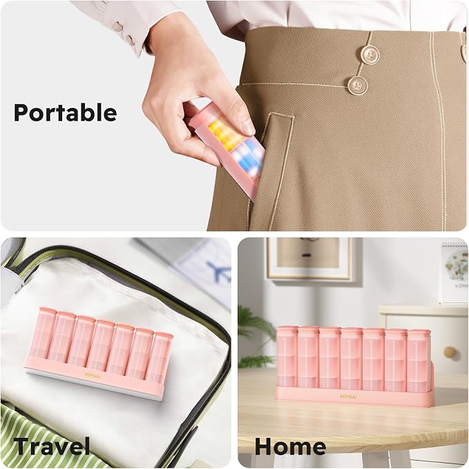 KOVIUU Weekly Pill Organizer 3X a Day, Large Daily 7-Day Pill Box, Pink | Detachable Pill Case with 3 Compartments | Travel Pill Container Holder for Vitamins, Supplements, Medications | BPA-Free
