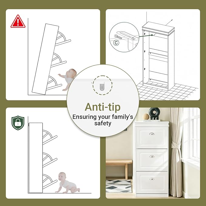 Haotian Narrow Shoe Cabinet, Slim Shoe Rack Entryway, Hidden Shoe Storage Organizer with 3 Flip Drawer for Hallway White FSR94-W