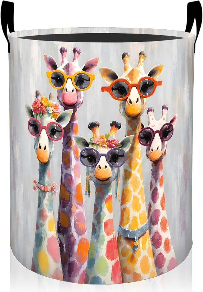 Cute Giraffe Laundry Basket, Colorful Animal Sunglasses Oxford Cloth Dirty Clothes Collapsible Hamper for Room Decor, Safari Gifts, Toy Organizer 19.7 x 15.7 Inches for Bedroom Bathroom Dorm