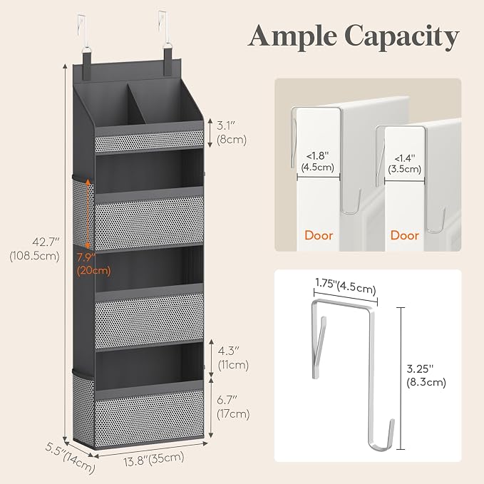 Lifewit 4 Tier Over the Door Organizer, Diaper Hanging Storage, Gray | Nursery Sturdy Large Heavy Duty Back of Door Shelf with 4 Mesh Side Pockets, for Baby Stuff Toy in Pantry, Laundry, Bathroom
