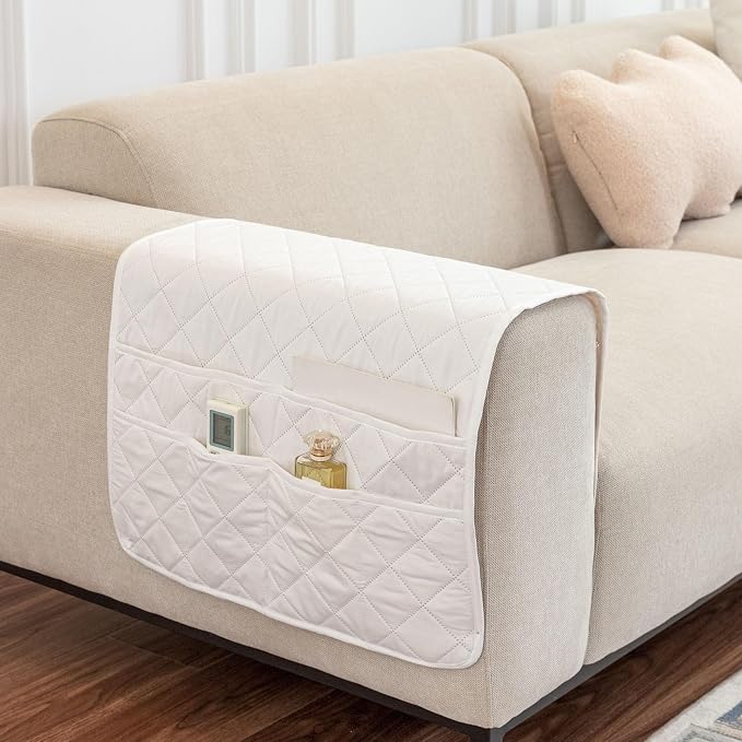 Arm Rest Covers for Sofa with 6 Pockets for Magazine Remote Control Couch Arm Covers Decorate Furniture Ant-Slip Armrest Organizer(White)