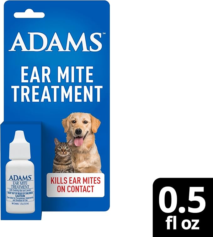 ADAMS Ear Mite Treatment for Dogs, Cats, Puppies & Kittens, Kills Ear Mites On Contact, Ear Drop Relief for Dogs and Cats Suffering from Ear Mites, Soothing Aloe and Lanolin Formula, 0.5 Fl oz
