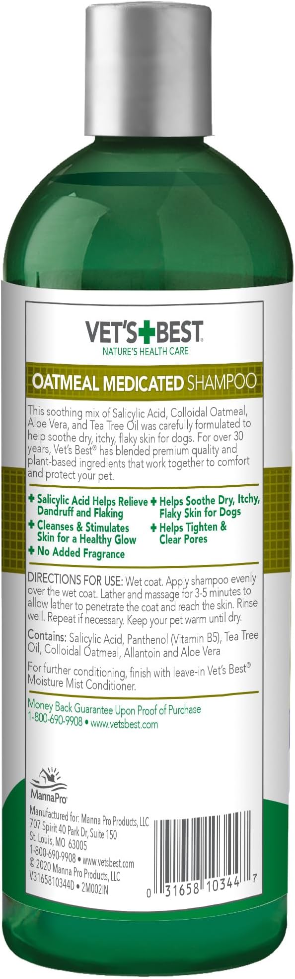Vet's Best Medicated Oatmeal Shampoo for Dogs, Soothes Dry Itchy Skin, Moisturizes & Conditions Coat, Aloe Vera, Tea Tree Oil & Vitamin B5 Formula, Dog Dandruff & Sensitive Skin Relief, 16 oz