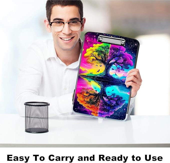 A4 Clipboard with Storage Pen Holder, Clipboards Organizer Nursing Clipboard Foldable File Folder Plastic Clipboard Folio Clip Board for Office Work Classroom Doctor, Purple Green Tree