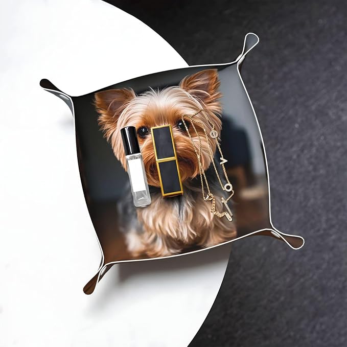 LeatherJewelry Valet Tray for Women Men, Portable Travel Catchall Tray Organizer Dish Plate Cute Pet Yorkie Bedside Vanity Tray Nightstand Caddy Holder for Wallet, Key, Coin