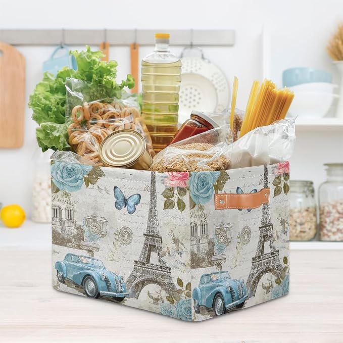 AUUXVA Storage Basket Vintage Paris Eiffel Tower Rose Flower Old Car Storage Cube Box Durable Canvas Collapsible Toy Basket Organizer Bin with Handles for Shelf Closet Bedroom Home Office