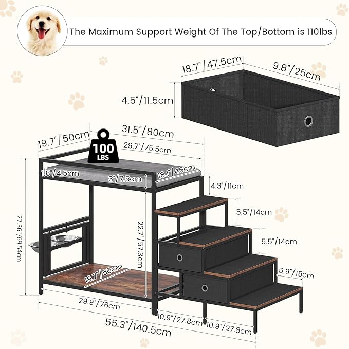 kepptory Dog Window Perch with 360° & Adjustable Raised Feeder, Pet Stairs Ramp with Stairs and Storage, Pet Bunk Bed with Small Pet Step