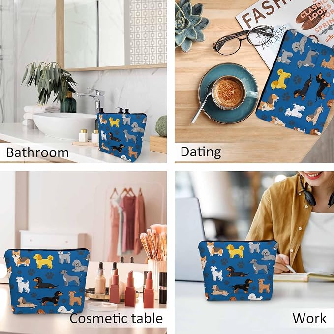 Woman Makeup Bag Dog, Cute Dogs Pet Puppy Blue Makeup Bags Travel Cosmetic Bags Toiletry Makeup Organizer Pencil Pouch Make Up Cosmetic Bag For Owners Lady Birthday Gifts