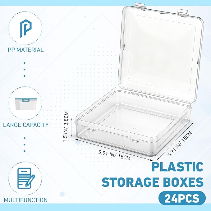 SATINIOR 24 Packs Small Clear Plastic Beads Storage Containers Box with Hinged Lid for Storage of Small Items, Crafts, Jewelry, Hardware (5.9 x 5.9 x 1.5 Inches)