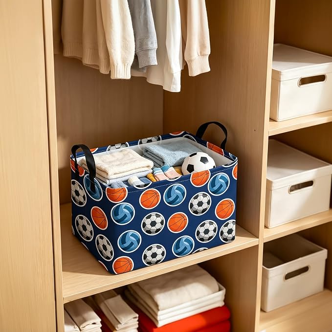Rectangular Collapsible Storage Basket Nursery Toy Organizer Ball Sports | Storage Bin Foldable Canvas with Handles for Organizing Home Kitchen Children Toys Office Closet Shelf Baskets