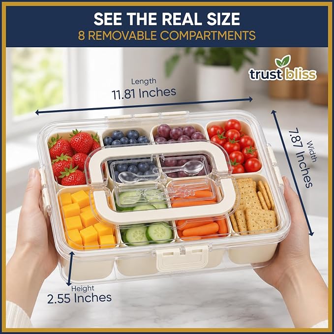 Snackle Box Container with Built-In Utensil Tray | BPA-Free 8 Compartment Divided Serving Tray, Snack Organizer & Snack Tackle Box for Adults and Kids | Portable snacklebox for Travel