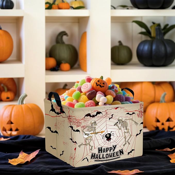 Halloween Basket Gift Terror Ghost Parties Decor Kid Trick or Treat Basket for Boys and Girls Rectangular Storage Bin Box (Skeleton Bat)