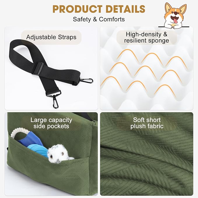 JOEJOY Dog Car Seats for Small Medium Dogs Under 35lbs, Dog Booster Seat with Detachable Washable Cover and Cushion, Memory Foam Pet Car Seat with Safety Belt and Storage Pockets (GN)