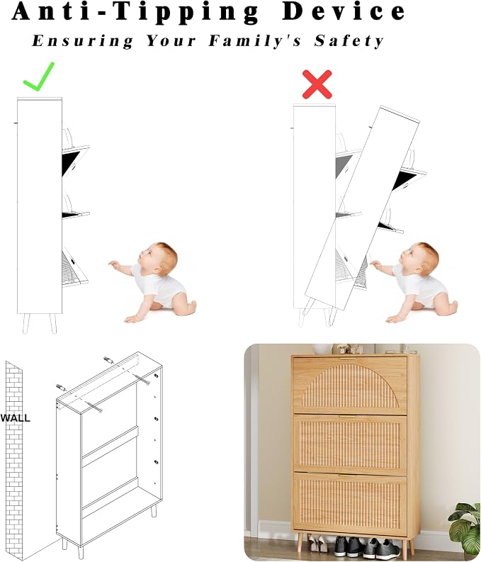 Shoe Storage Cabinet with 3 Flip Drawers, Narrow Wood Shoe Organizer Cabinet with Fluted Panel, Slim Shoe Rack for Entryway, Freestanding Shoe Cabinet for Living Room, Hallway, Wood Color