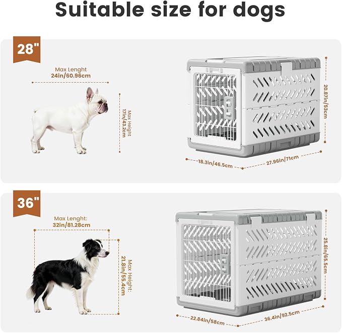 36" L Travel Dog Crate -Collapsible Dog Crate for Large/Medium Dogs, No Tools Required with Space Saving Design,Portable Foldable Dog Carrier with 2 Smooth Wheels,Handles for Easy Moving,Grey