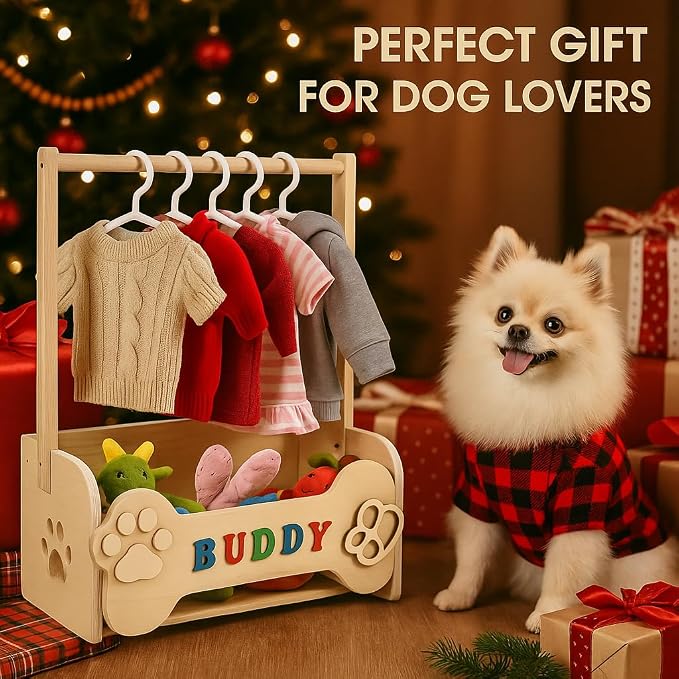 Dog Closet for Small Dogs, Wooden Clothes Rack with 10 Hangers & Toy Bin | Pulchrum personalized DIY name plate, pet apparel organizer for Chihuahua, Yorkie & Pomeranian, pet-parent gift, puppy stand