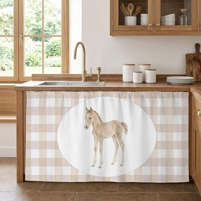 Graceful Pony Cabinet Curtains 28"x51" Sink Skirt for Bathroom Kitchen, Natural Horse Modern Farmhouse Plaid Rustic Self Stick Adhesive Under Desk Covers Tall Laundry Cabinet Storage Organizer