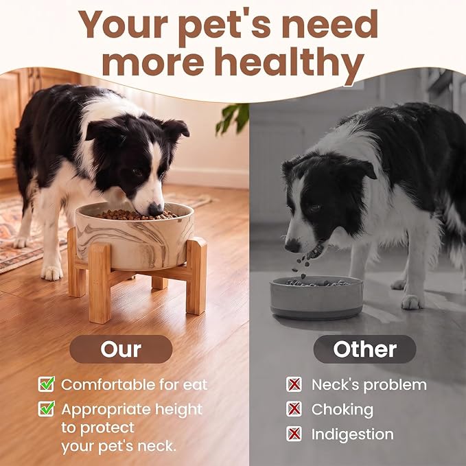 hjn Elevated Ceramic Dog Bowl with Bamboo Stand, Raised Pet Feeding Station for Small Medium Dogs Cats, Modern Design with Anti-Slip Base (Marble Brown, 7.6Cup)