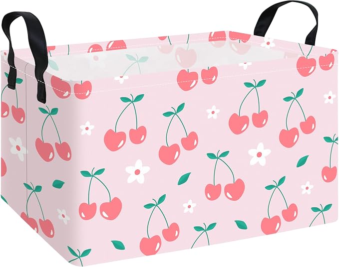 Rectangular Cherry Storage Basket Fabric Hamper | Gifts Bag for Books,Clothes,Gifts,Pets-Perfect for Home,Office,Nursery,Dorm,Shelf
