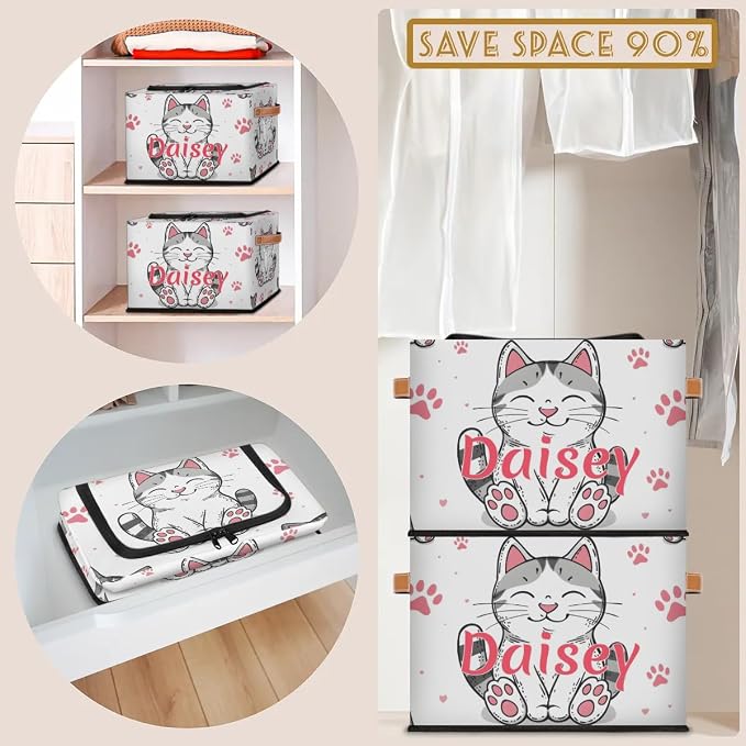 Custom Cute Cats Footprint Storage-Bin With Zipper Lid for Kids-Girls-Boys-Baby-Pet,Personalized Name Foldable Storage Box with Handle,Baby Basket With Label for Bedroom Nursery Toy Clothes,White