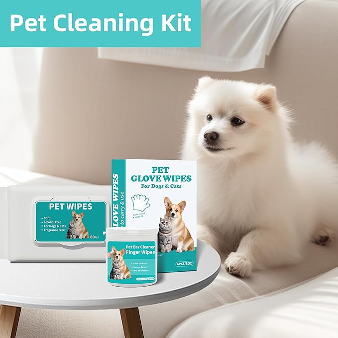 Pet Wipes 3-in-1 Kit for Dogs & Cats - Pet Cleaning Gloves, Ear Cleaner Finger Wipes & Body Wipes, Hypoallergenic Thickened Formula, Deodorizing & Rinse-Free for Grooming Travel