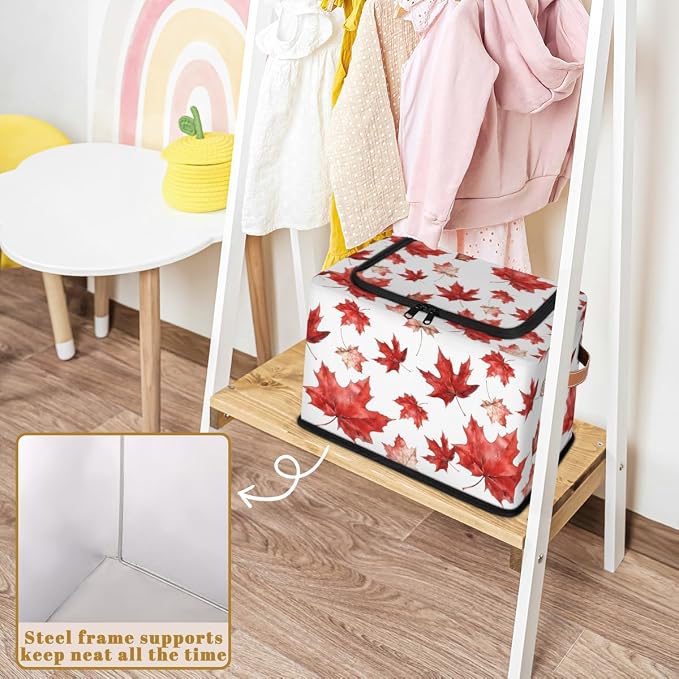 Red Maple Leaf Storage Bins With Zipper Lid, Collapsible Trunk Organizer, Car Organizers and Storage Bins with Lids, Autumn Decorative Storage Boxes with Handle, Home Storage Baskets for Organizing
