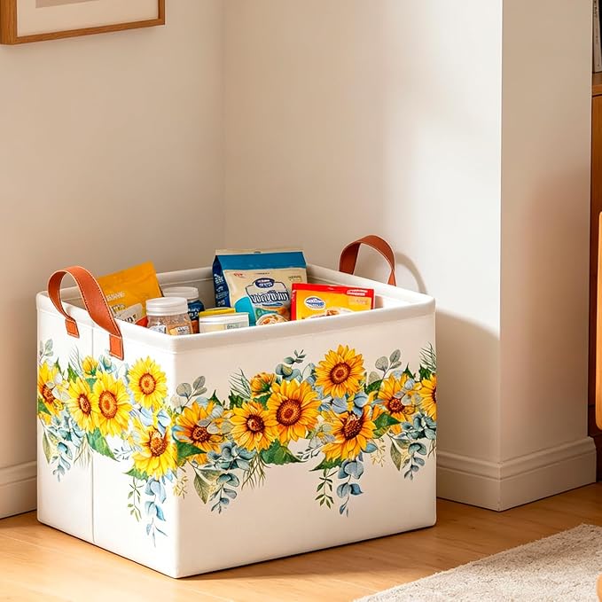 CLOCOR Rectangular Storage Basket Empty,Gift Basket,Waterproof Storage Bin with Handles,Room Decor(Sunflower Rope)