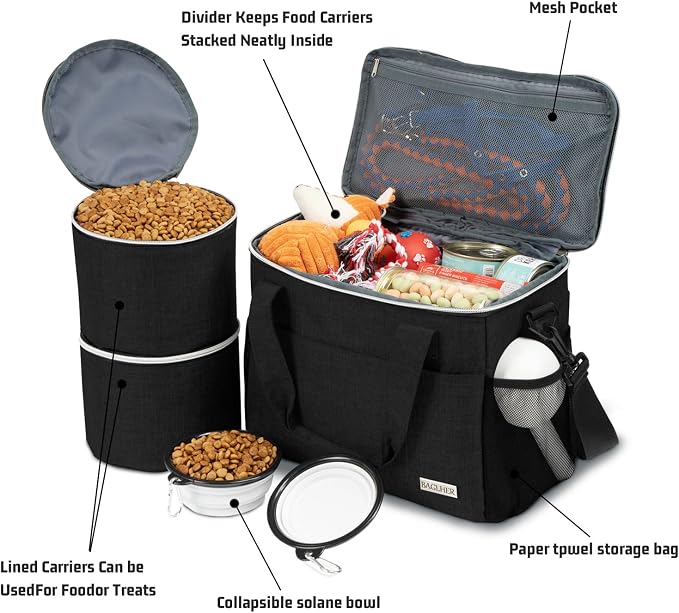 BAGLHER Dog Travel Bag Backpack Pet Supplies Backpack Pet Accessories Storage Bag 5-Piece Set With Shoulder Strap 2 Lined Pet Food Containers 2 Foldable Feeding Bowls Essential Kit for Pet travel