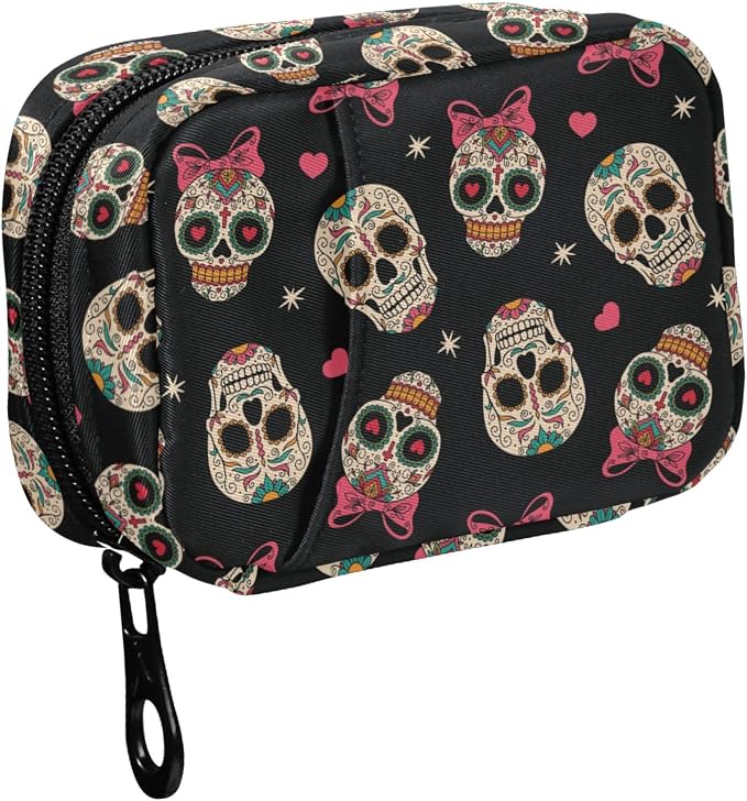 Fustylead Mexican Sugar Skull Wear Bow Tie and Hearts Stars Travel Pill Organizer Bag with Zipper Small Pill Box 7 Day Pill Case for Purse Storage Weekly Vitamin Medicine Supplement