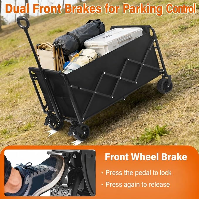 Wagons Carts Foldable, 500 lb 220L Collapsible Wagon with Brakes | Heavy folding wagon for groceries, camping, beach, outdoor hauling; large storage, brake control and compact folding design