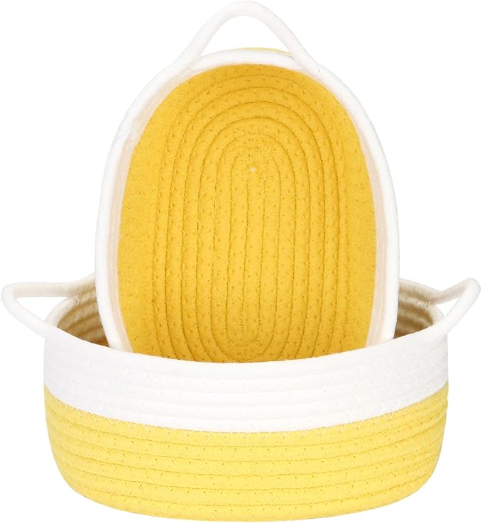 Sea Team 2-Pack Compact Woven Cotton Rope Storage Baskets, Yellow | Knitted Decorative Organizer Bins with Handles, Portable Oval Containers for Small Items, Keys, Makeup, Jewelry, Trinkets