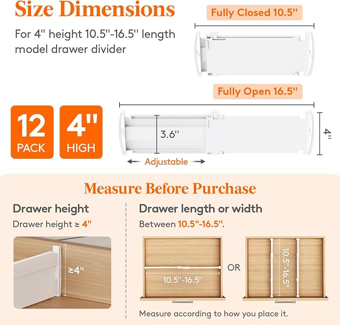 Lifewit 12 Pack 4" High Drawer Dividers, Adjustable Drawer Organizer Clothes | 10.5"-16.5" Expandable White Plastic Separators for Dresser, Kitchen, Cabinet, Nursery, Office, Socks & Underwear Storage