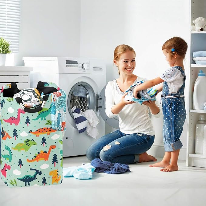 visesunny Collapsible Laundry Basket Dinosaur Cloud Tree Dot Large Laundry Hamper with Handle Toys and Clothing Organization for Bathroom, Bedroom, Home, Dorm, Travel