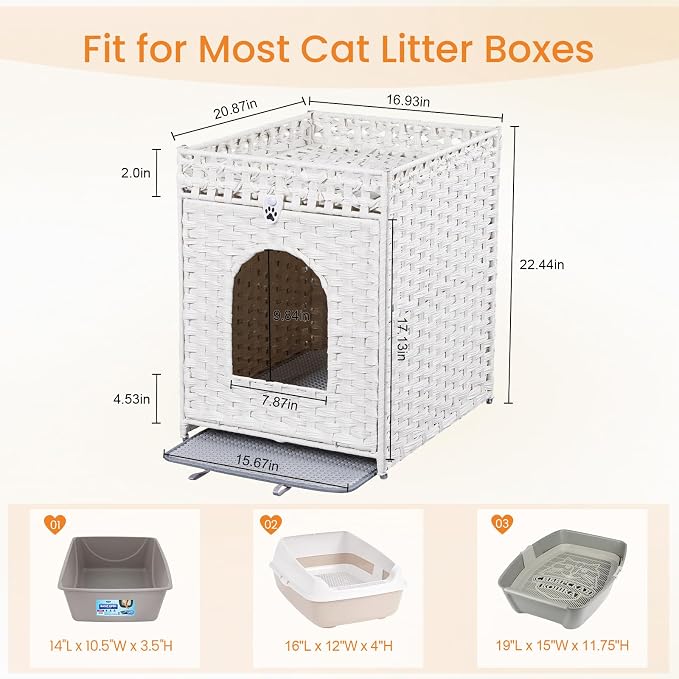Snughome Cat Litter Box Enclosure Furniture Hidden with Litter Mat, Hidden Washroom Furniture with Door, Handwoven Rattan Cat Washroom Box, Indoor Pet House for Living Room, Bedroom(White)