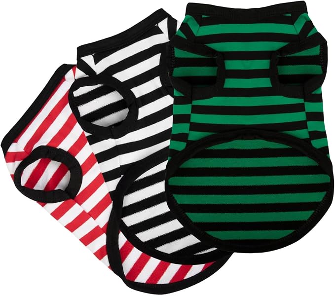 Paiaite 3 Pieces Striped Dog Shirt Red Green Black Color Cotton Sleeveless Puppy Pet Shirts Breathable Apparel Tank Top Colorful Puppy Sweatshirt Clothes for Small Medium Dogs XX-Small