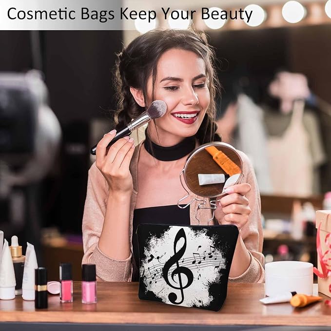 Music Notes Makeup Organizer Bag Cosmetic Bag For Men Women, Grunge Musical Notes Melody Black Travel Toiletry Bag Flax Makeup Bags Purse Business Makeup Pouch For Toiletries Cosmetics