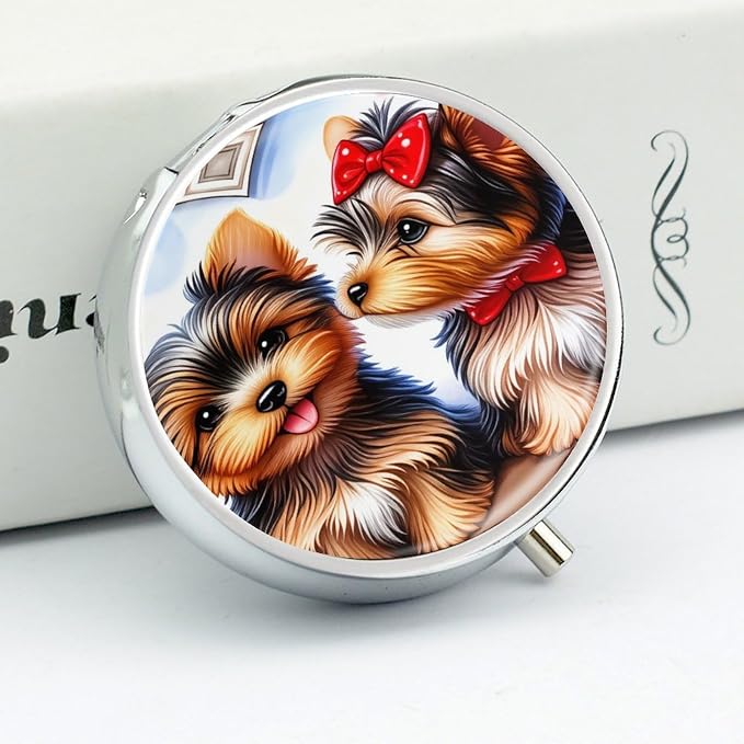 Two Pet Dog Metal Round Pill Box, 3 Compartment Travel Organizer, Portable Pill Container with Secure Latch, 2 Inch Circular Vitamin Caddy for Pills and Vitamins, Gift for Him Her Elderly