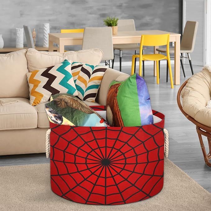 Red Spider Web Storage Baskets - Large Nursery Organizer Bin Box with Handles Collapsible Round Laundry Hamper for Kids Boy Toys Pet Blanket, Bedroom Living Room Home Decor Gift Basket (19.4"x13.3")