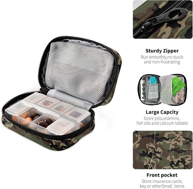 Military Camo Pill Box 7 Day Pill Case Travel Pill Organizer Bag with Zipper Portable Weekly Case Compact Size for Vitamin Supplement Holder