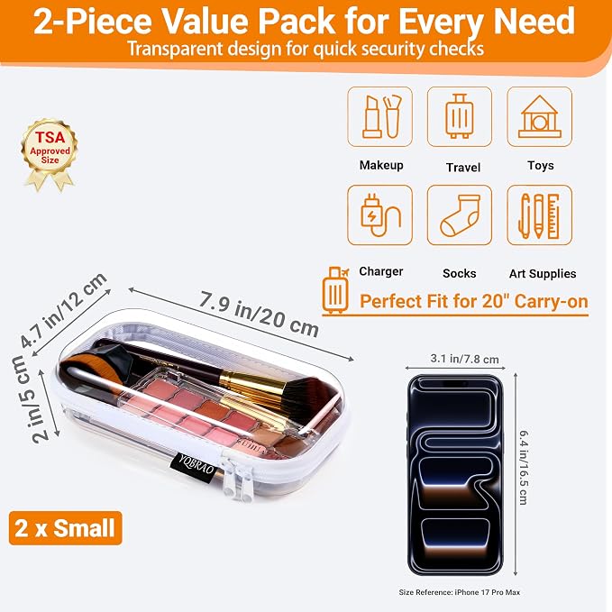 YQBRAO Clear Hard Shell Organizer Set, 2-Pack, White | Two small rigid PET organizers for cosmetics, travel accessories, cables, personal items and everyday organization