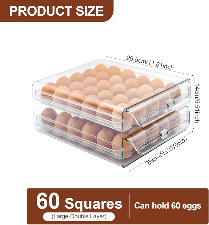 Egg Holder for Refrigerator,60 Eggs Clear Drawer Organizer | 2 Layer Stackable Egg Holder Egg Trays,Egg Storage Container with Time Scale for Fridge Countertop Cabinet