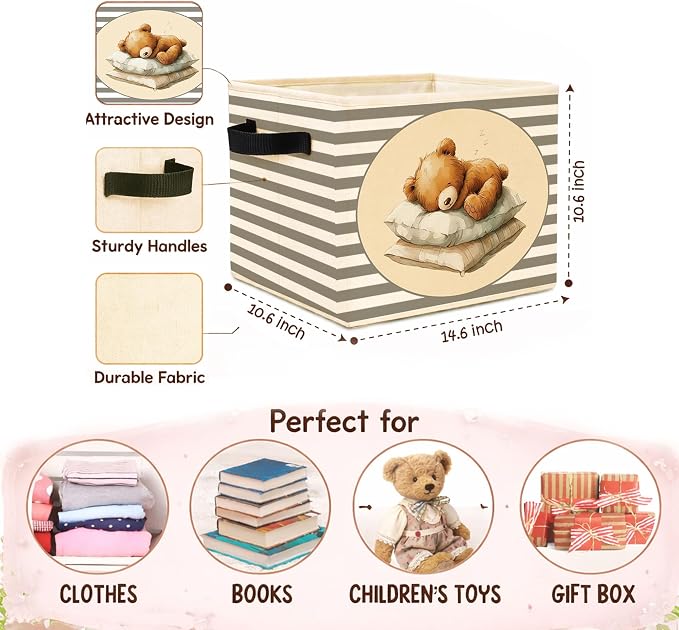 Sleeping Teddy Bear Gray Stripe Foldable Fabric Storage Bin | Sleeping teddy bear gray stripe design; foldable fabric storage bin for kids room, nursery, playroom, toys, books.
