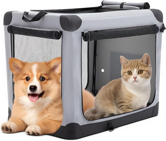DUMOS Soft Dog Crate 24 Inch, Small Foldable Outdoor Cat Carrier | Foldable Portable Design, Indoor Outdoor Travel Kennel, Storage Bag, Washable Pad, Grey